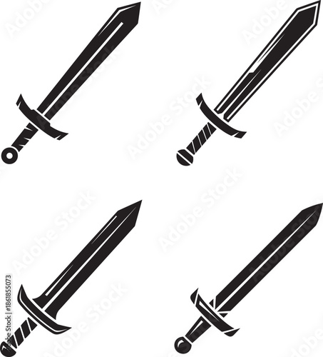 Four medieval swords with distinct hilts and blades in silhouette style