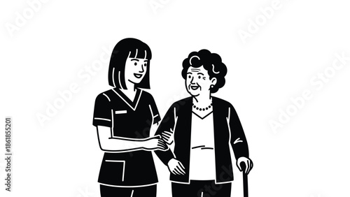 A young nurse assisting an elderly woman with a cane in a caring gesture