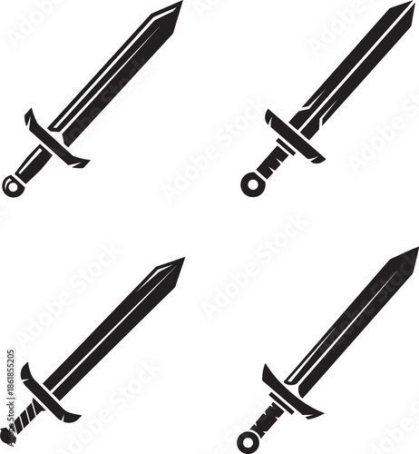 Four medieval style daggers with pointed tips and crossguards