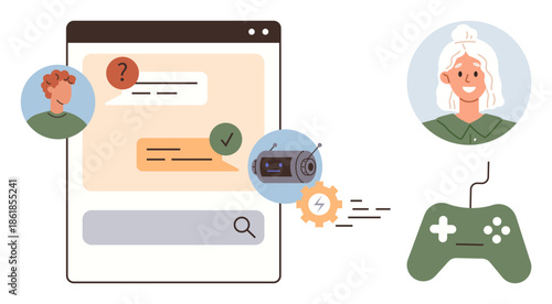 Chat interface with user and AI icons, speech bubbles, search bar, robot, gear, gamer profile, and gamepad. Ideal for communication, AI support technology gaming education customer service