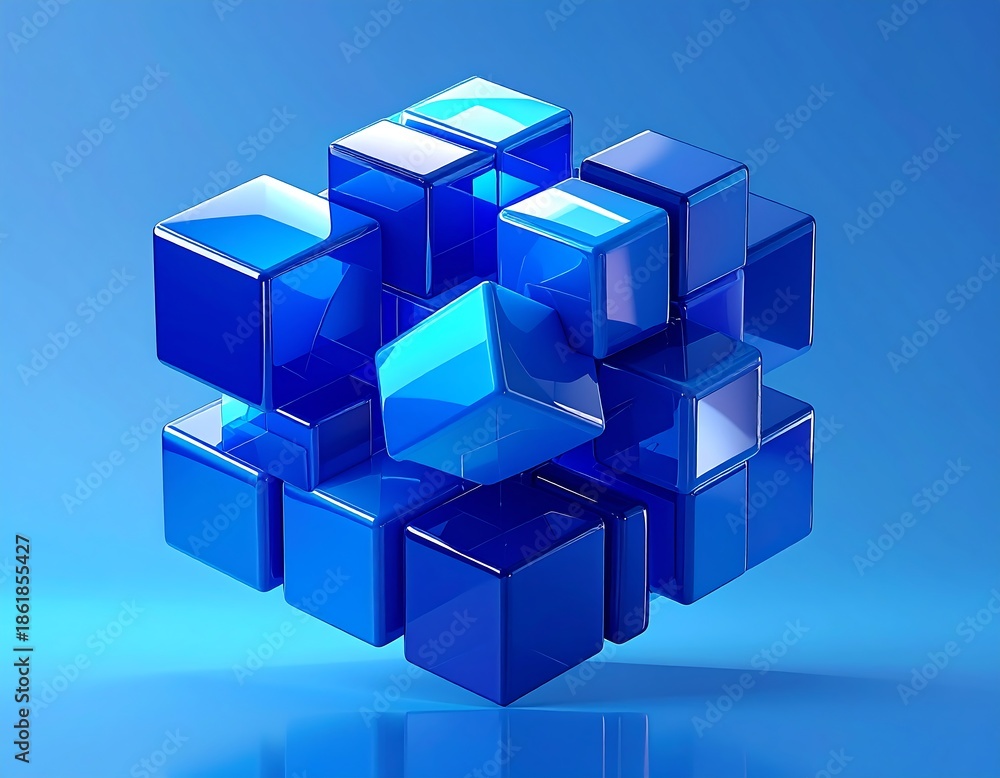 Obraz premium Glossy, interconnected, blue cube arrangement on a gradient surface
