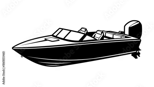 A sleek black speedboat with a powerful motor on a white background