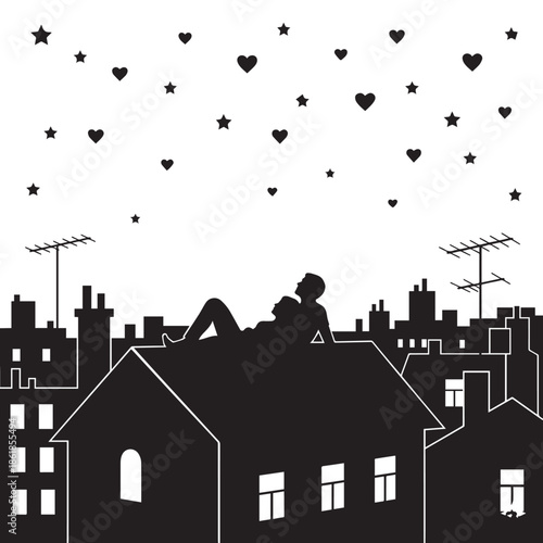 Romantic couple relaxing on rooftop with cityscape and starry night sky