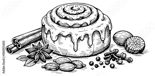 Hand drawn line art food and spice set featuring a cinnamon roll, cinnamon sticks, star anise, nutmeg, cardamom, and cloves for baking and dessert recipes