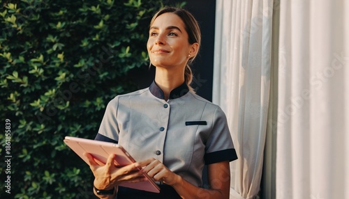 Young Woman Hotel Staff Member Holding Tablet Computer Outdoors