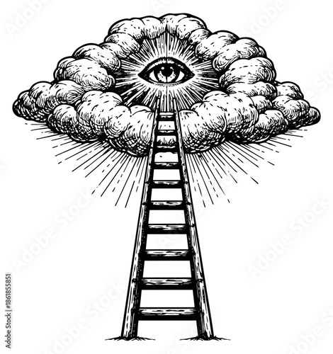Hand drawn line art illustration of a ladder reaching an all-seeing eye in a cloud depicting spiritual wisdom and upward journey for ambition and enlightenment