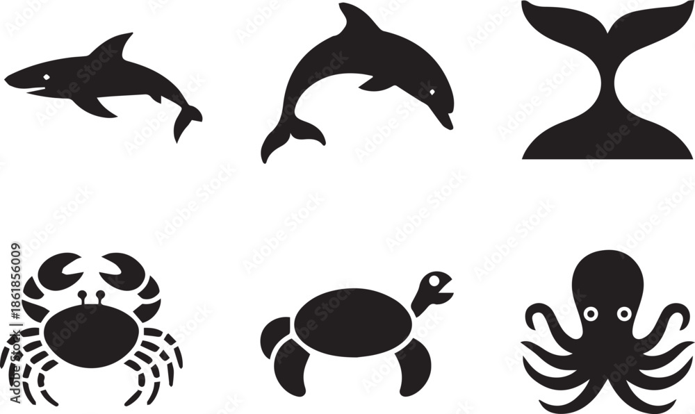 Obraz premium Set of sea animals in various shapes and poses, isolated on a white background. Marine life collection ideal for ocean, underwater, education, and aquatic-themed designs.