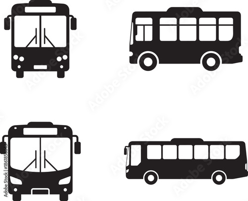 Four black silhouette views of a city transit bus