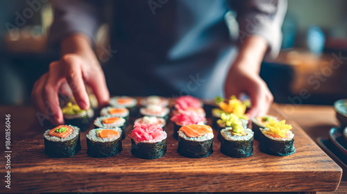 Chef arranging assorted sushi rolls with colorful toppings on wooden serving board