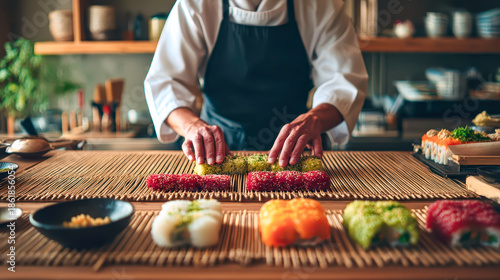 Chef Arranging Colorful Sushi Rolls on Bamboo Mat in Japanese Restaurant Kitchen