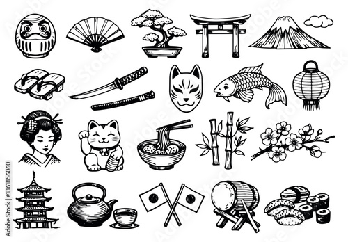 Hand drawn Japanese culture set featuring traditional icons and landmarks for design projects