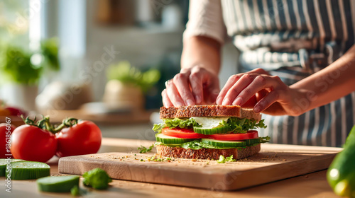 Classic Vegetable Sandwich with Fresh Cucumber Tomato and Lettuce Assembled by Hand
