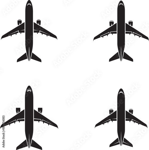 Four black silhouettes of airplanes in different orientations