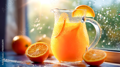 Chilled Orange Juice with Ice and Citrus Slices in Glass Pitcher by Window