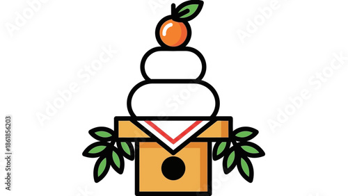 A cartoon birdhouse with a unique stacked stone and orange decoration on top of it