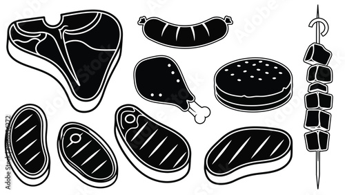 A black and white illustration of various types of meat and seafood on a plate