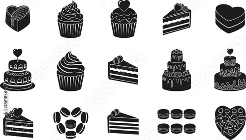 Valentine dessert silhouette collection featuring cakes cupcakes macarons and heart shaped sweets for romantic celebrations bakery illustration