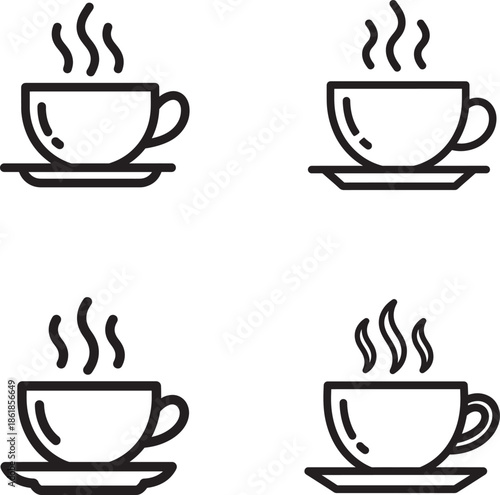 Four steaming hot coffee cups on saucers in a square formation