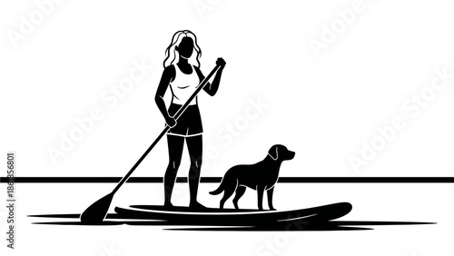 A woman and her dog enjoy a peaceful paddleboarding experience on calm waters.