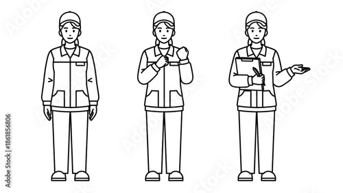 A cartoon woman in a blue uniform is depicted in three different poses.