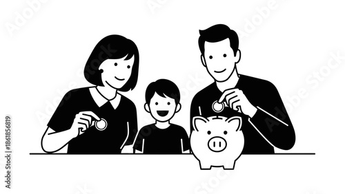 A happy family saving money together with a piggy bank and coins