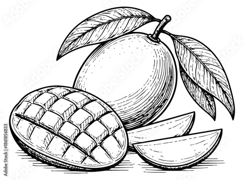 Hand drawn line art mango set featuring whole fruit, a sliced half, and wedges for tropical food designs