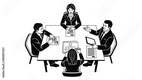 A group of business professionals engaged in a meeting around a large table