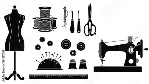 A collection of sewing tools and equipment for fashion design and garment construction