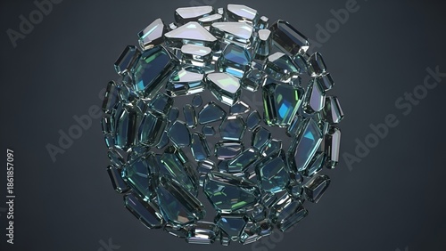 Abstract spherical arrangement of iridescent crystal fragments floating in ethereal space