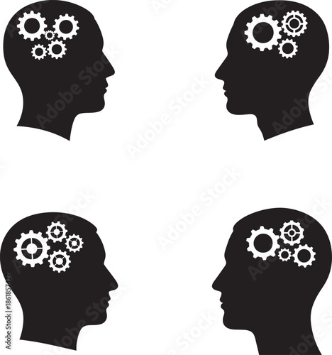 Four black silhouettes of human heads with gears in the brain