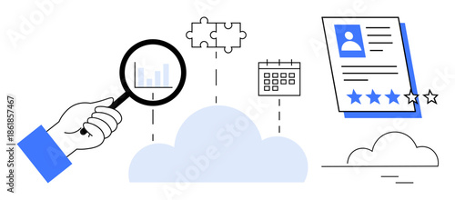 Hand holding magnifier over data, puzzle pieces, calendar, and profile resume connected to cloud. Ideal for data analysis, recruitment, task management, problem-solving, cloud storage technology