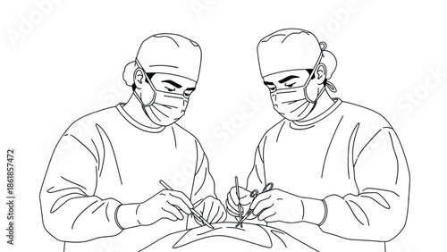 Two surgeons in blue scrubs and masks performing surgery in an operating room
