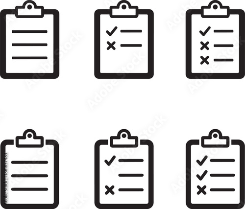 Set of six clipboard icons with checklist and checkbox marks