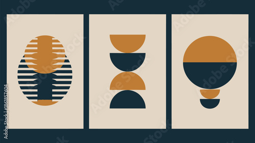 Modern abstract art with geometric shapes in dark blue and orange hues