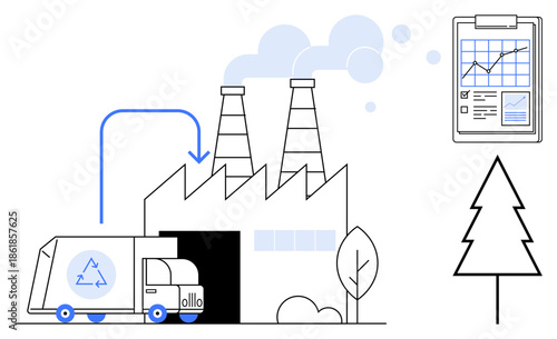 Waste management, recycling industry, sustainability, environmental impact, pollution control, industrial processes. A recycling truck delivers materials to a factory with a clipboard and tree