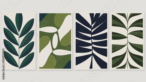 Vibrant modern leaf art prints in green and navy on white