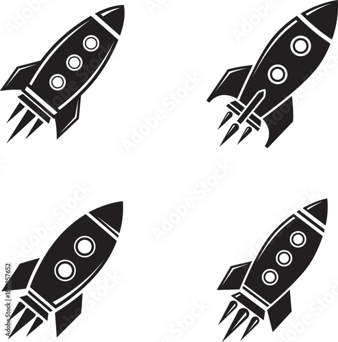 Four black and white rocket ship illustrations in flight