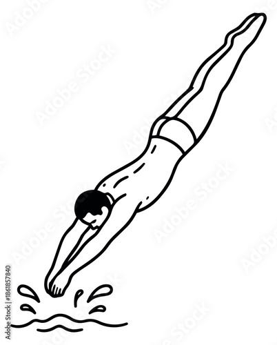 Line art illustration of a male diver depicting plunging into water for aquatic sports