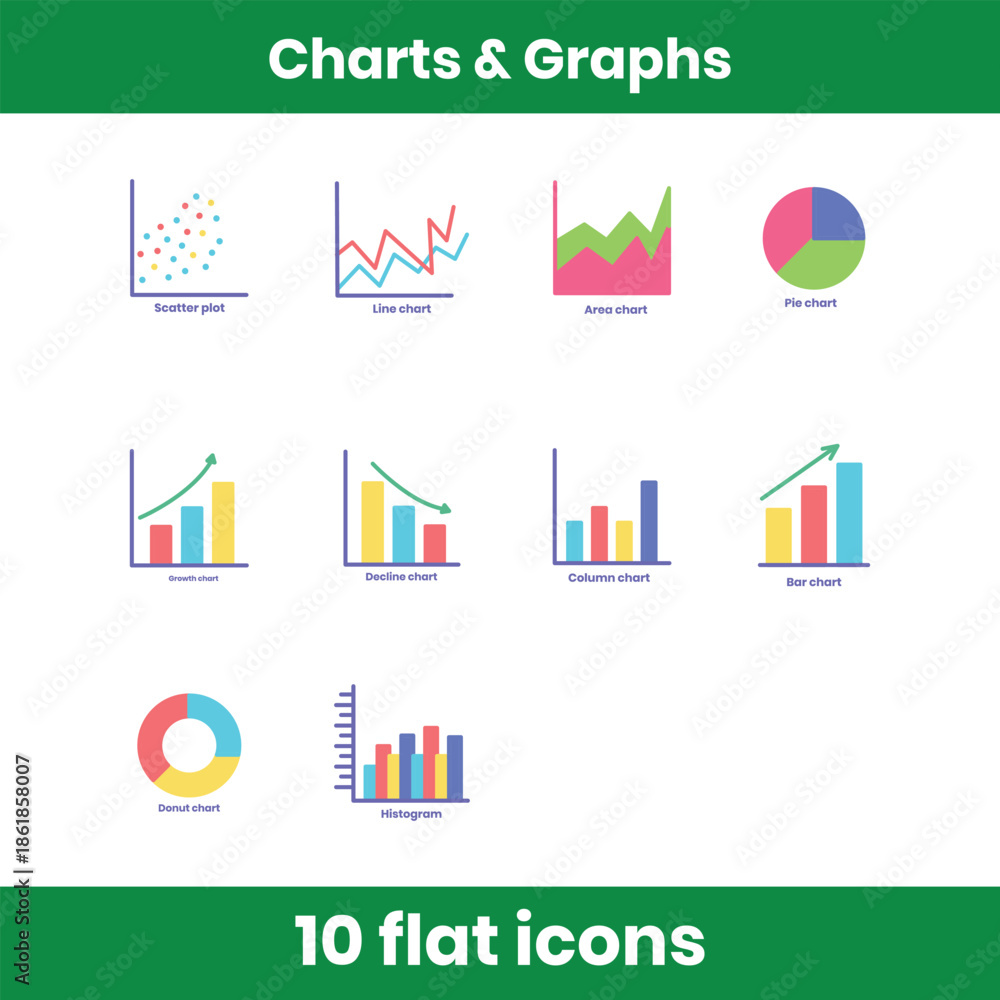 Obraz premium Charts and graphs flat icon set featuring bar, line, pie, area, column, scatter, and growth charts. Clean flat design for analytics, dashboards, reports, and business use.