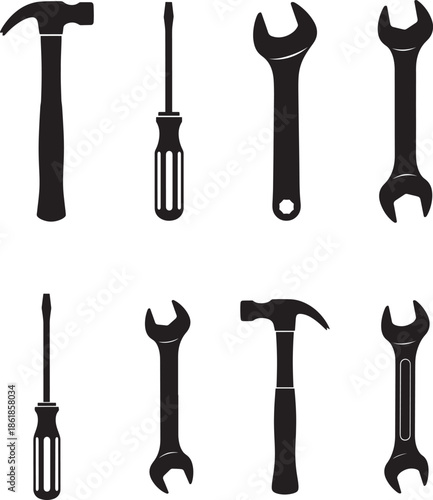 Collection of basic hand tools for diy and repair work in silhouette style