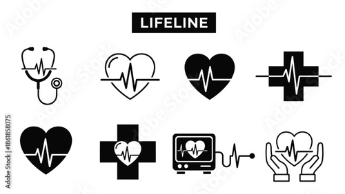 A collection of medical icons representing healthcare and lifeline services in black and white