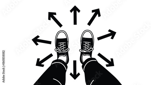 A black and white illustration of feet with arrows pointing in multiple directions