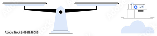 Balance concept. A scale equilibrium alongside a filing system containing CV documents stored in cloud storage. Balance between digital storage and job-related data. For HR, digital solutions, data