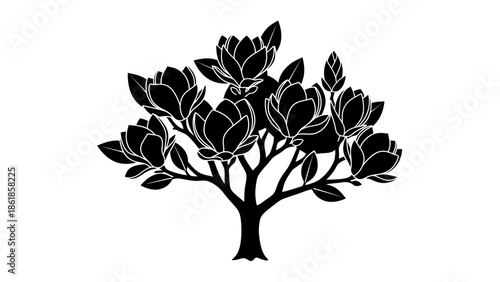 A black and white illustration of a tree with flowers and leaves on a plain background
