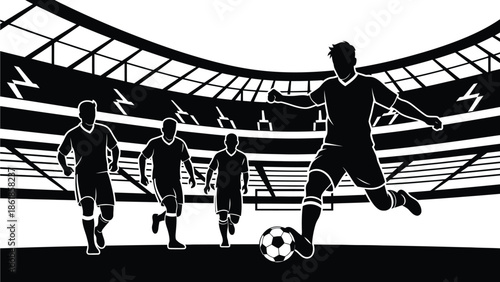 A black and white illustration of soccer players in action on a stadium field
