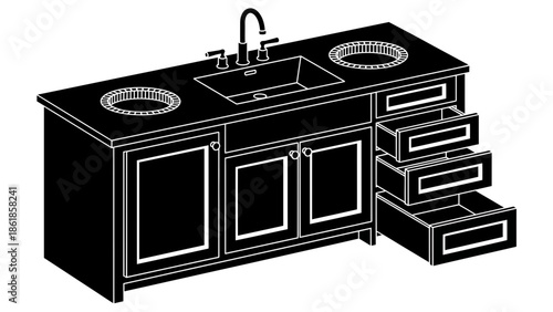A black and white illustration of a kitchen island with sink and drawers