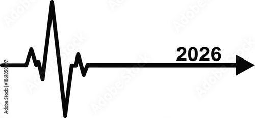 Black line graph depicting a vital heartbeat or electrocardiogram rhythm line pointing toward the future year twenty twenty six with an arrow symbol