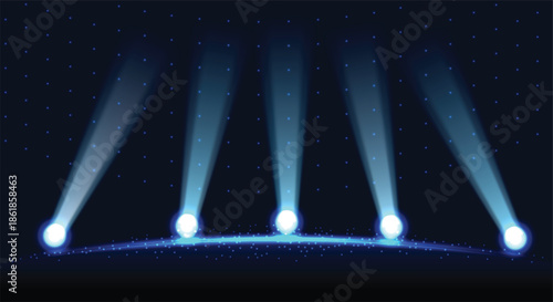 Theatrical stage spotlights shining on dark background for entertainment event presentation