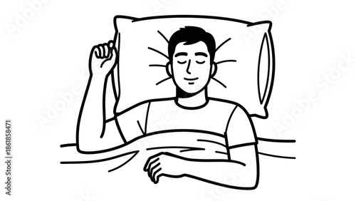 A man sleeps peacefully in bed with a pillow under his head and a calm expression