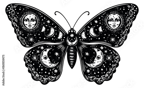 Vintage hand drawn illustration of a butterfly depicting celestial sun and moon motifs for mystical art